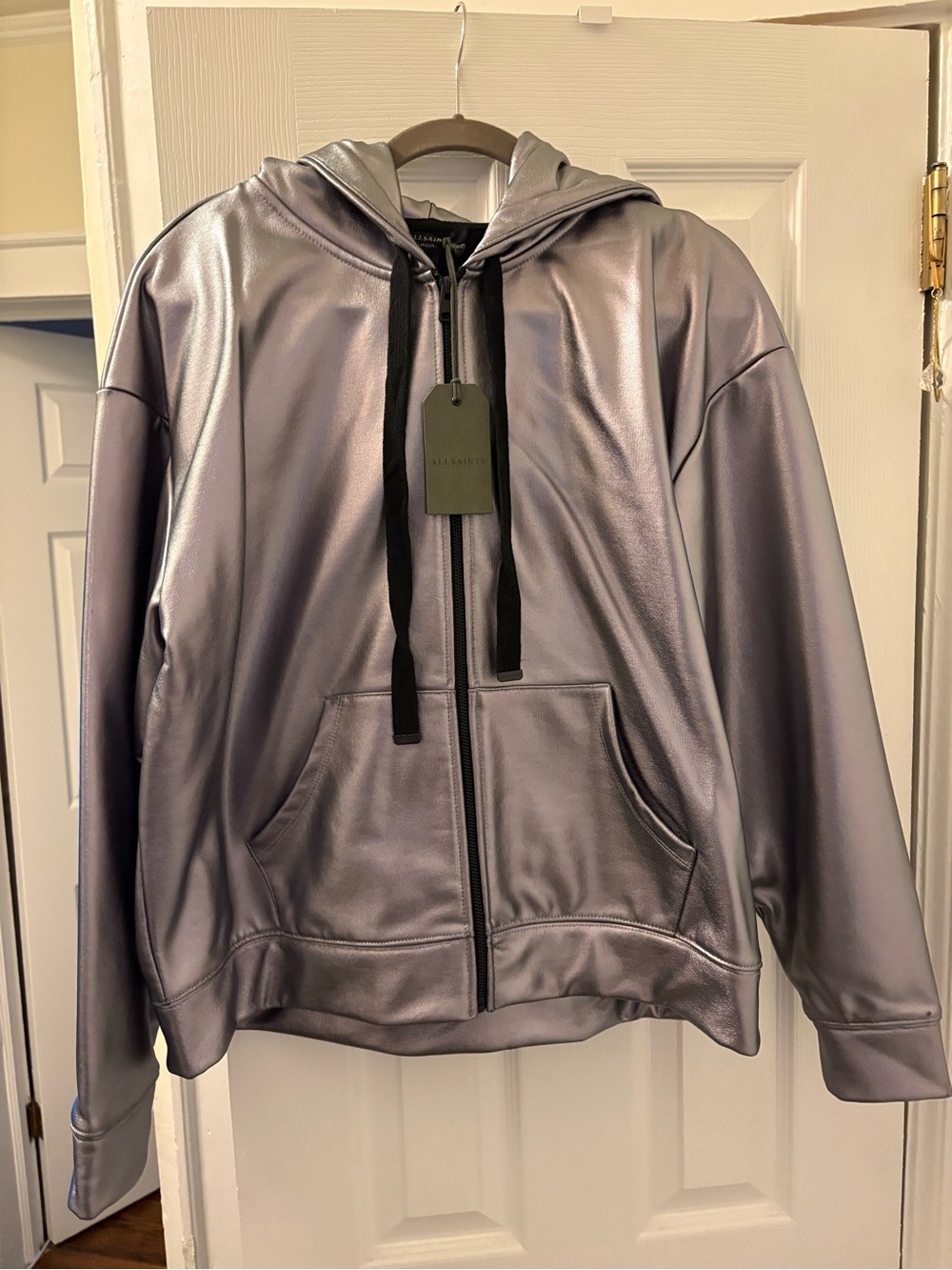 AllSaints Metallic Silver Coated Zip Hoodie with Black Logo